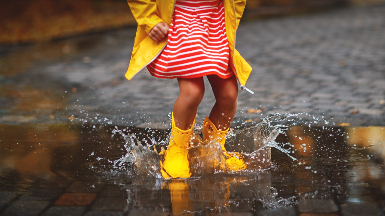 child yellow rubber boots puddle