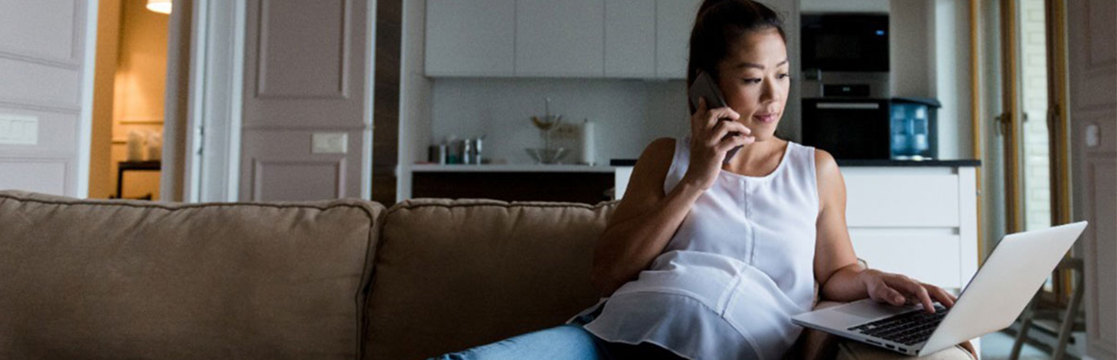 Pregnant women on phone and computer; images used for HSBC Philippines Online Medical Support page